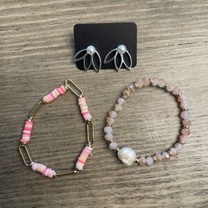 Pink and Gold Beaded Bracelet Set with Pearl Earrings